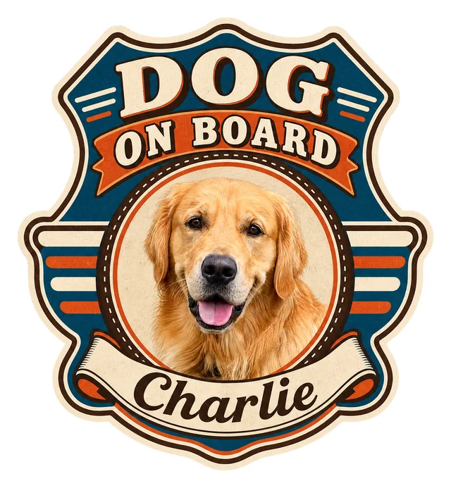 Charlieの写真から作った、名前入りDOG ON BOARDバッジの完成例