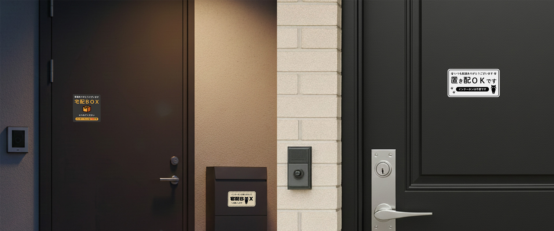 玄関ドアに貼られた置き配ステッカーのイメージ